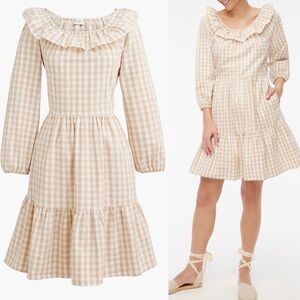 J. Crew Factory Seersucker Ruffleneck Mini Dress Light Khaki White Sz 00